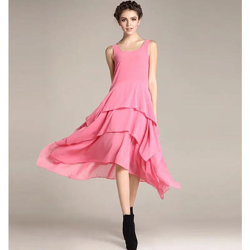 2024 Summer elegant irregular ruffle long dress cute tank chiffon dress,brand candy color vestido de festa