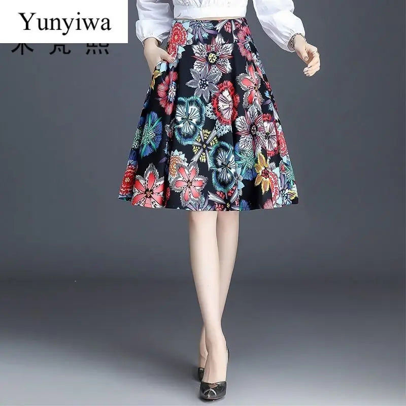 Autumn and Winter High Waist Skirt Printed A- line Big Hem Dress Floral Woman Skirts Mujer Faldas Saias Mulher