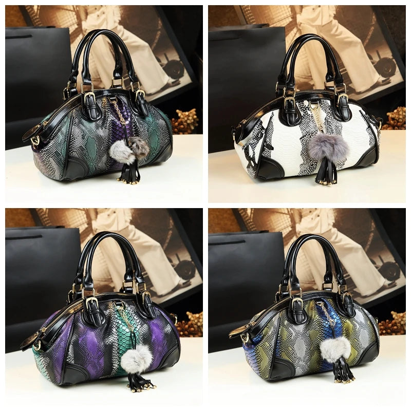 2023 New Fashion Women Handbag Tassel Dumpling Bag Female Soft Cowhide Leather Shoulder Messenger Bags Snake Pattern