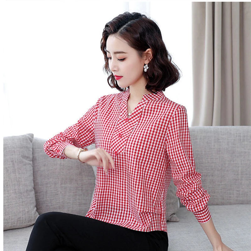 Women's Spring Autumn Style Cotton Blouses Shirt Women's Plaid V-Neck Button Long Sleeve Korean Loose Tops DD9099