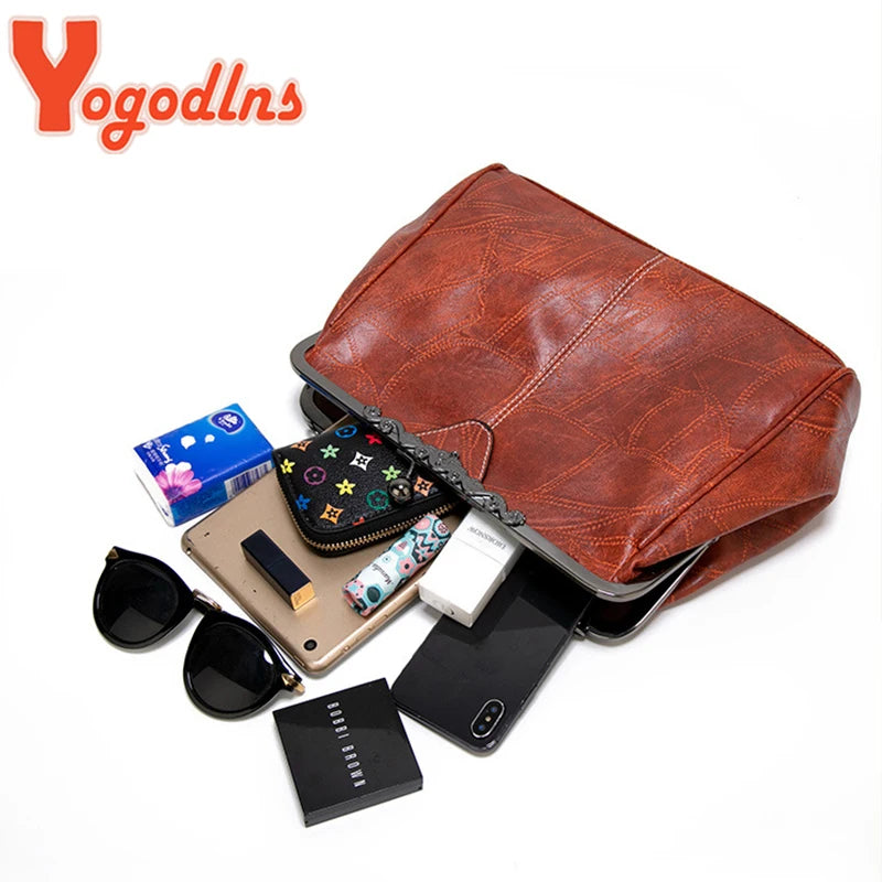 Yogodlns Vintage Clip Handle Bag For Women PU Leather Tote Fashion Shoulder Bag Lady Advanced Evening Wallet Shopping Bag Bolso