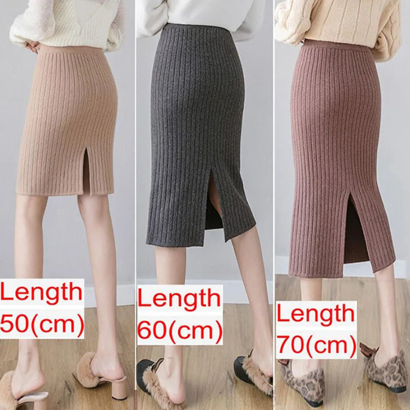 Elegant Midi Knitted Skirts Women 2023 Autumn Winter Ladies Korean High Waist Pencil Skirt Black Warm Long Skirt Jupe Femme