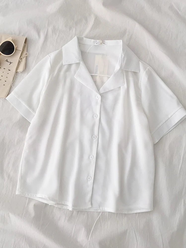 Fashion Notched Collar Chiffon Female T Shirts Single Breasted Short Sleeve Loose Solid-Color Women Blouses Summer