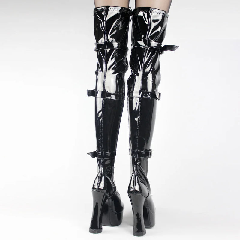 jialuowei New Wholesale Halloween costume Women's 4.5 Inch Heel over Knee Thigh High Boot with hook lace up and side zipper.