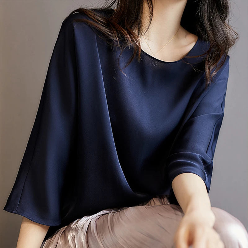 Women'S Spring Summer Style Silk Blouses Shirts Women'S Solid Color Long Sleeve O-Neck Korean Casual Tops SP685