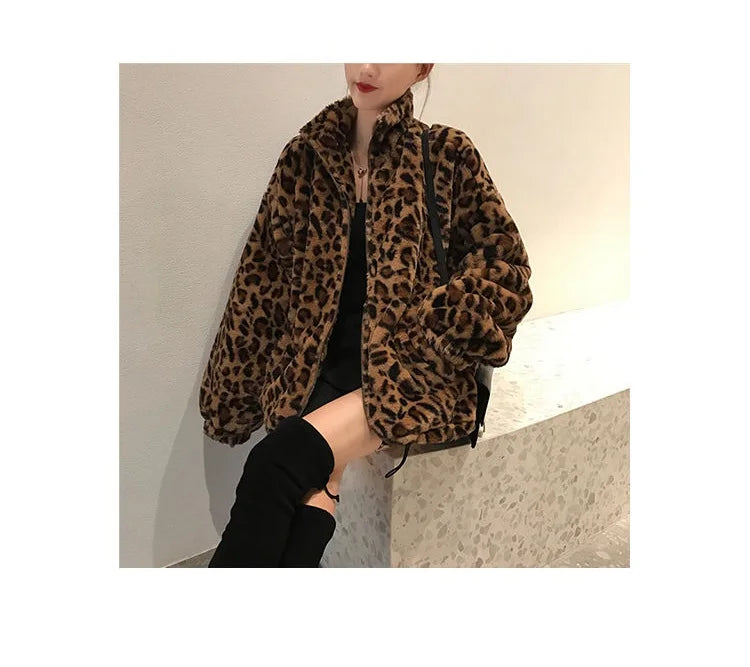 Winter Leopard Print Jacket Women's Stand collar Warm Parkas Outwear 2024 New Autumn Winter Korean Female Loose Faux Fur Coats