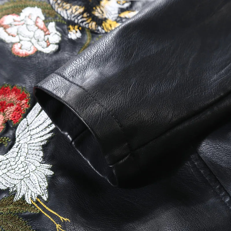 Autumn Flowers Embroidery Pu Leather Jacket Women Turn-down Collar Rivet Zipper Black Biker Coats Tops Clothes Ropa De Mujer