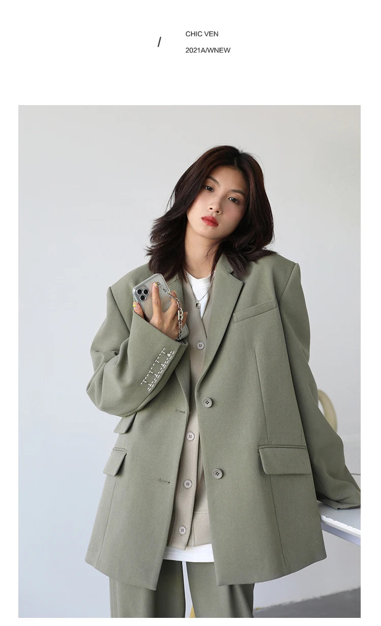 CHICVEN  Women Office Lady Blazer Cuff Embroidery Wide Shoulder Twill Suit Women's Autumn Ladies Outerwear  Stylish Tops