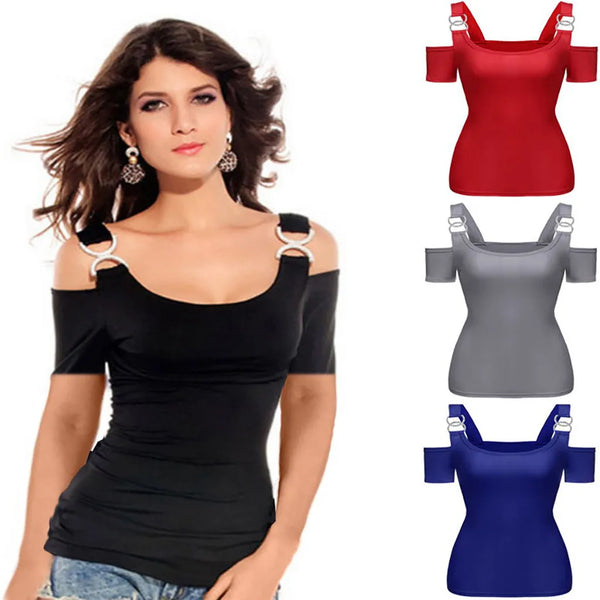 Women T-shirt Solid Off Shoulder Tops Metal Buckle Strap Summer Short Sleeve Sexy Tops Female Tees Solid Tshirt Ropa Mujer 2021