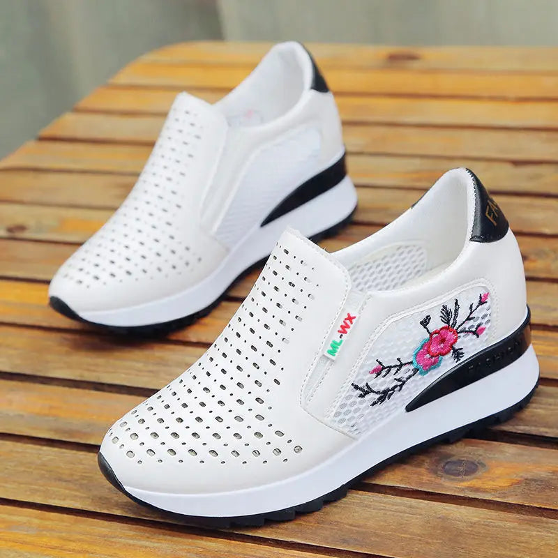 Women Comfortable Casual Shoes Summer Slip on Loafers Mixed Colors Hollow Out Increasing Internal Height Sneakers