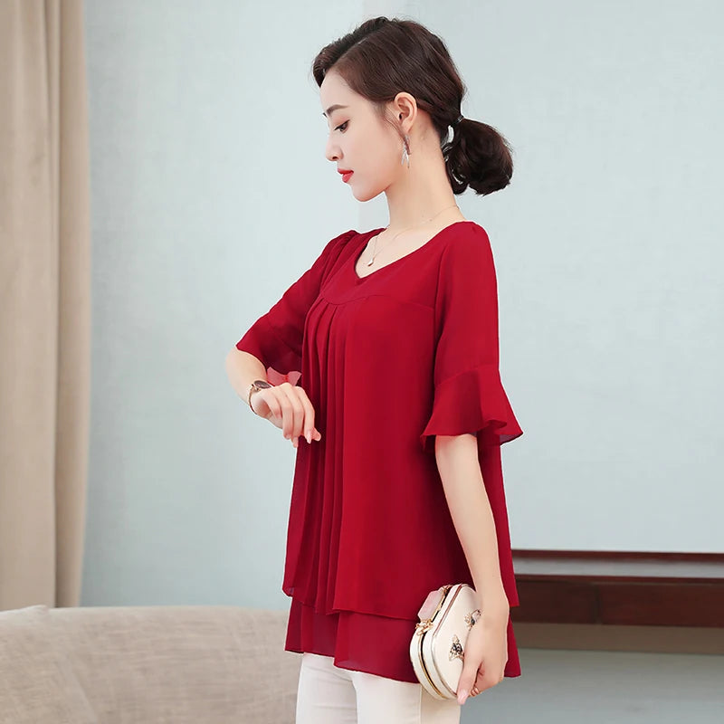 Women Chiffon Blouse Plus Size 4XL 5XL Shirt Ladies Tops Female Short Sleeve Office Lady Shirt Solid Female Clothing Blusas