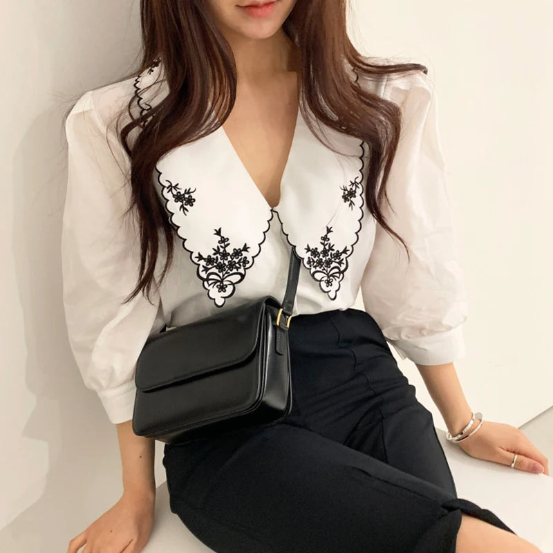 Neploe Blusas Mujer De Moda 2023 Floral Embroidery Elegant White Shirts Vintage Puff Sleeve Blouse Korean Clothes Women Tops