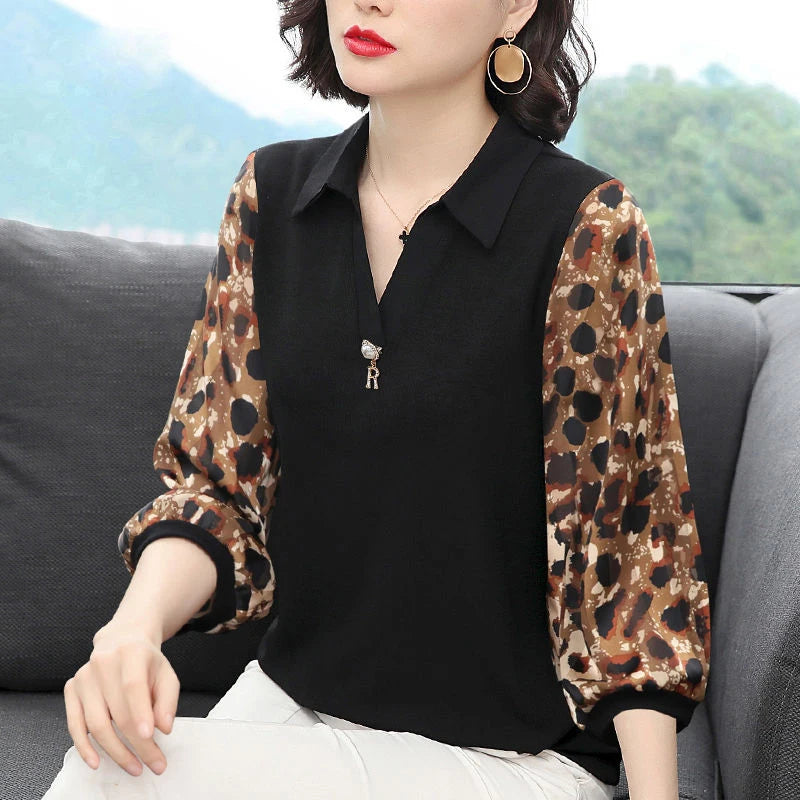 Women Spring Summer Style Chiffon Blouses Shirts Lady Casual Turn-down Collar Patchwork Chiffon Blusas Tops DF3799