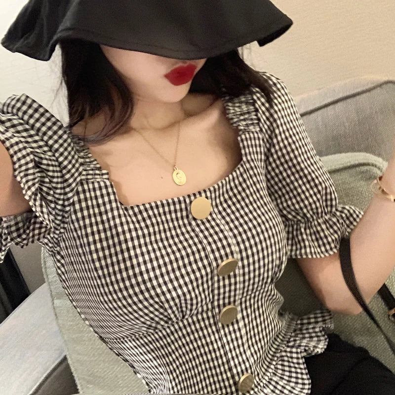 Vintage Plaid Crop Blouse Women Summer Square Collar Puff Sleeve Button ladies Tops Blouses Shirts chemisier femme