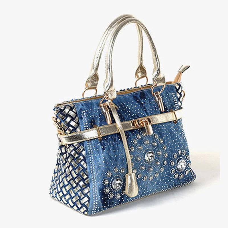 iPinee Summer 2022 Fashion womens handbag large oxford shoulder bags patchwork jean style and crystal decoration blue bag