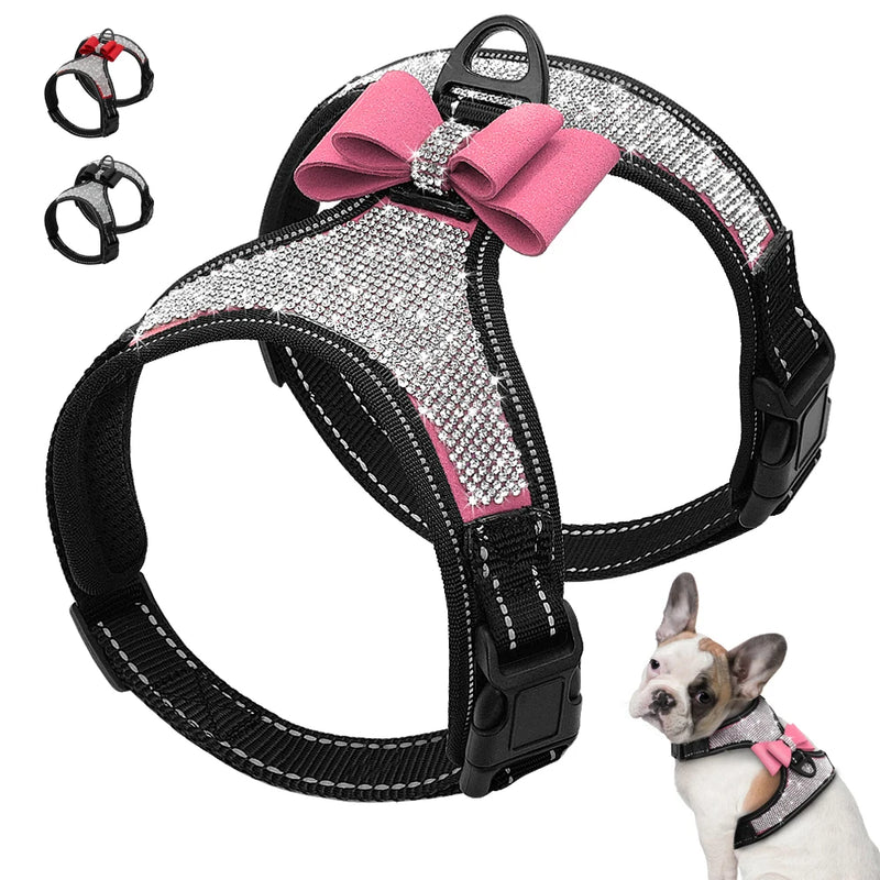 Reflective Dog Harness Nylon Pitbull Pug Small Medium Dogs Harnesses Vest Bling Rhinestone Bowknot Dog Accessories Pet Supplies