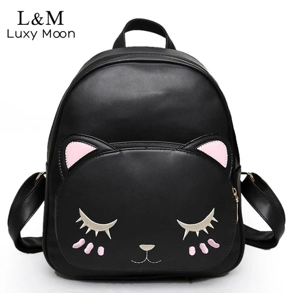 Cat Backpack Black Preppy Style School Backpacks Funny Quality Pu Leather Fashion Women Shoulder Bag Travel Back Pack Sac XA322