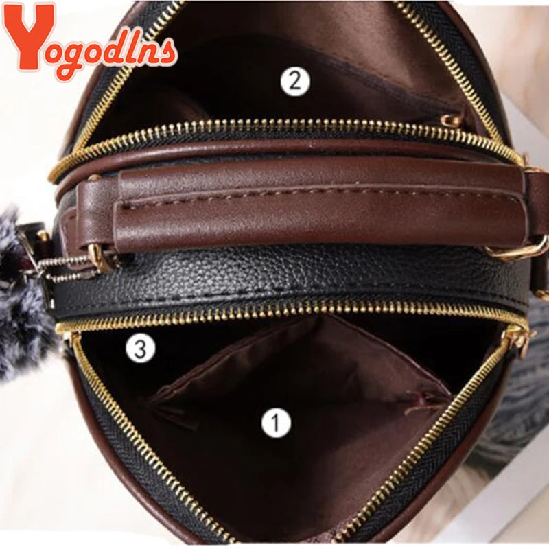 Yogodlns Fashion Solid Color Women Shell Bag Portable Shoulder Bag Fashion PU Leather Elegant Female Bag With Gray Hair Ball