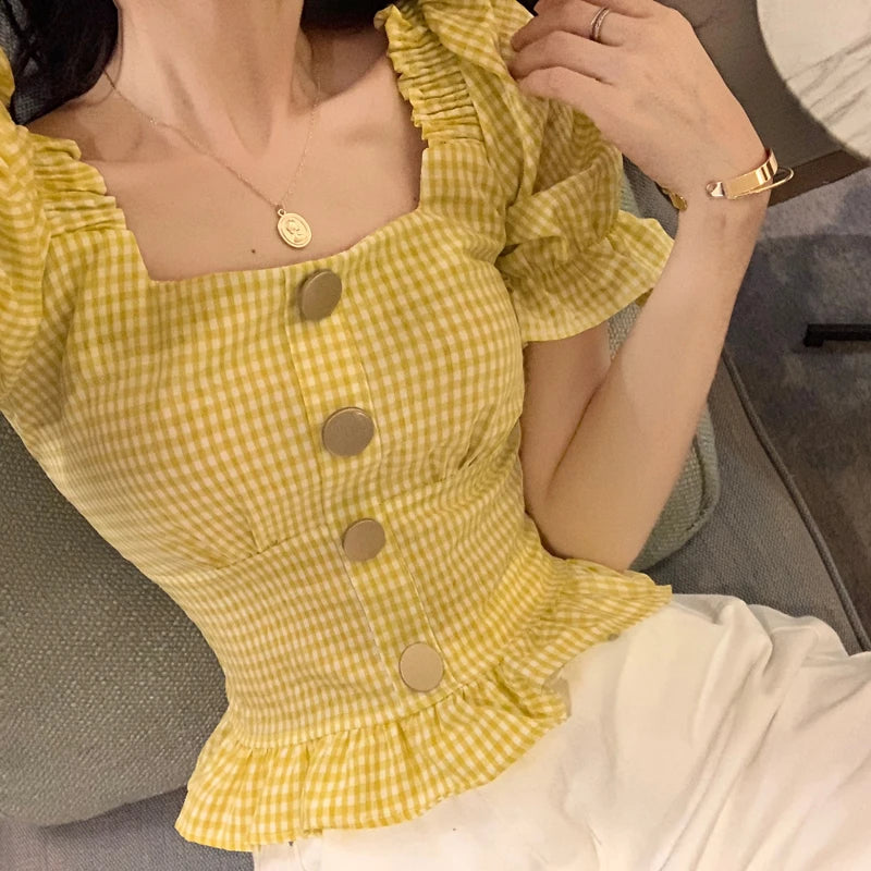 Vintage Plaid Crop Blouse Women Summer Square Collar Puff Sleeve Button ladies Tops Blouses Shirts chemisier femme