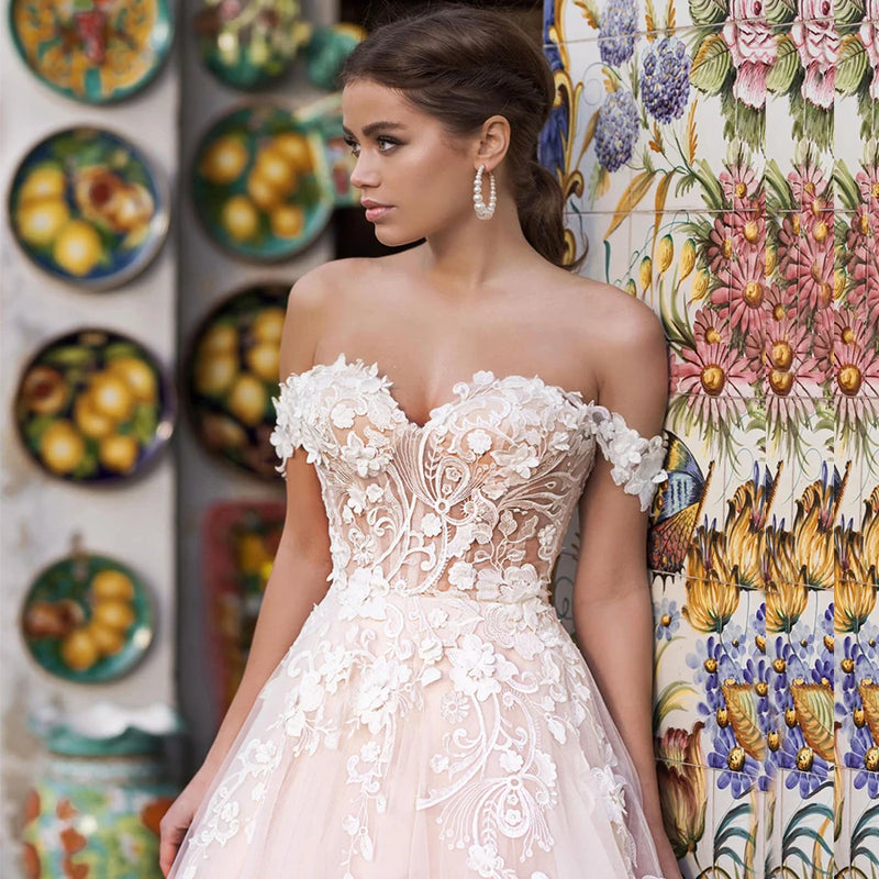 Illusion Wedding Dresses Tulle with Lace Appliques Sexy Off the Shoulder A-line Summer  Dress vestido de noiva