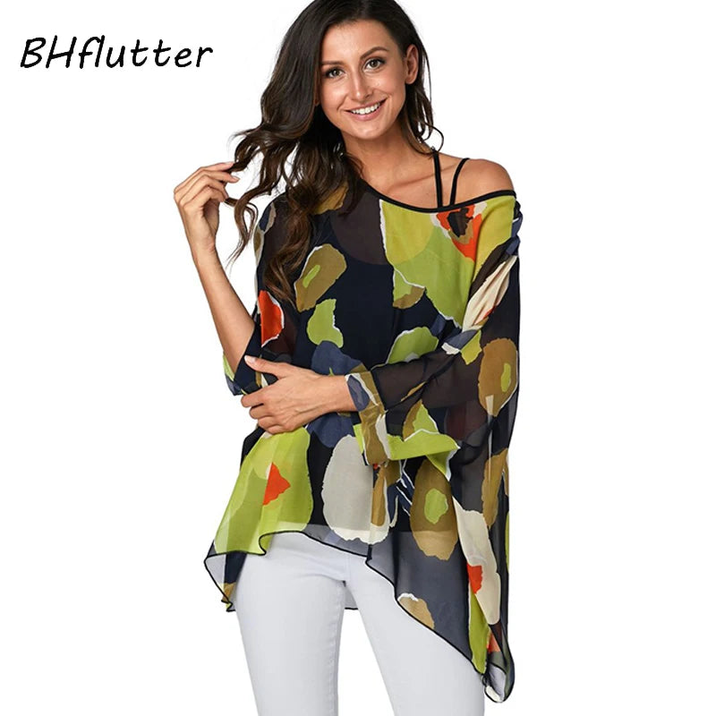 BHflutter Women Tops Off Shoulder Sexy Summer Blouses 2022 New Arrival Color Spliced Casual Loose Chiffon Shirts camisas mujer