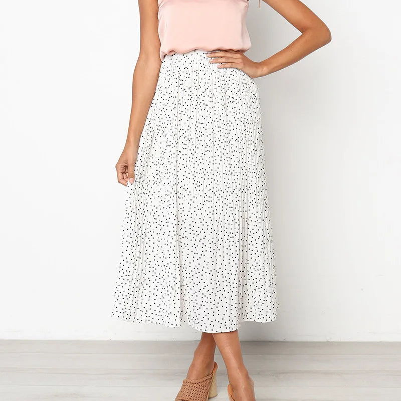 White Dots Floral Print Pleated Midi Skirt Women Elastic High Waist Side Pockets Skirts Summer 2019 Elegant Female Bottom