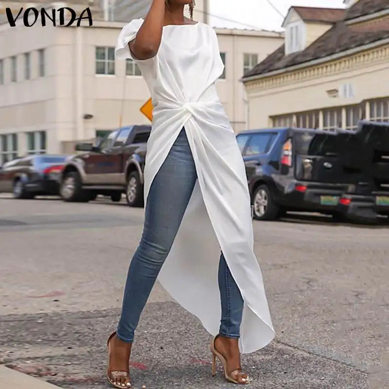 VONDA Women Asymmetrical Blouse 2023 Summer Casual Sexy Split Hem Party Tops Long Ladies Office Shirts Tunic Blusas