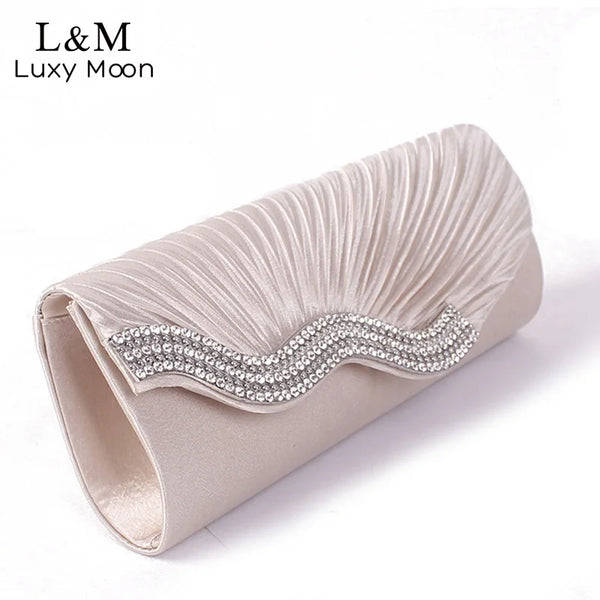 Women Rhinestone Evening Hand Bag Satin Wedding Purse Bridal Party Purse Chain Dinner Day Clutch Vintage Handbag bolsos XA308H