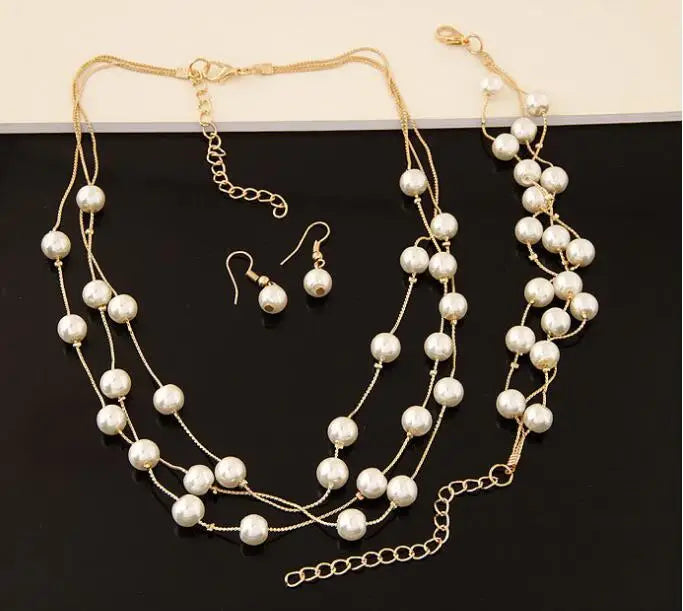 Imitation Pearl Jewelry Set Simulated Pearl Double Layer Women Earrings Necklace Bracelet Sets for Wedding N271