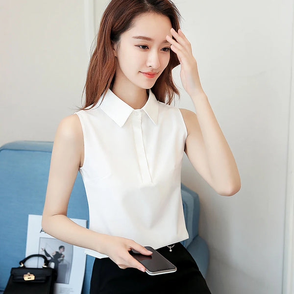 Office Work Wear Women Spring Summer Style Chiffon Blouses Shirts Lady Casual Sleeveless Turn-down Collar Blusas Tops DF1813