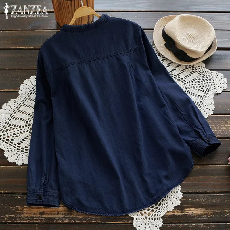 ZANZEA 2023 Women's Denim Blue Shirts Fashion Autumn Blouse Casual Button V Neck Long Sleeve Tops Jean Tunic Blusa Plus Size