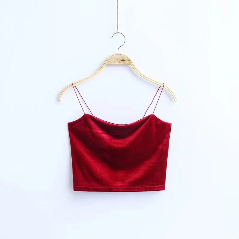 Women Corduroy Korea Solid Color Short Sexy Camisole Female Tie Gold Velvet Bralette Crop Top Streetwear Pink Bustier