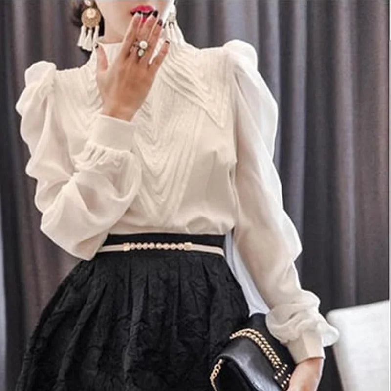 New 2023 spring autumn Women puff Sleeve Stand Collar Chiffon Blouses office Ladies tops shirt