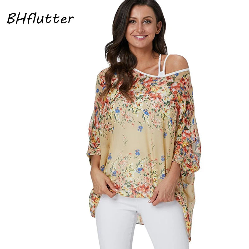 BHflutter 4XL 5XL 6XL Plus Size 2019 Blouse Women Chic Floral Print Chiffon Blouses Shirts Sexy Off Shoulder Summer Tops Tunic