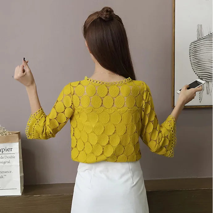 Hollow Out Lace Blouses Shirts New  Autumn Korean Women Clothing Flare Sleeves O-Neck Slim Female Apricot White Tops T7O009A