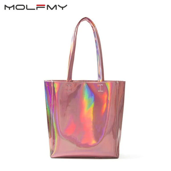 Women Handbag Laser Hologram Leather Shoulder Bag Lady Single Shopping Bags Large Capacity Casual Tote Bolsa Silver sac 2023 New