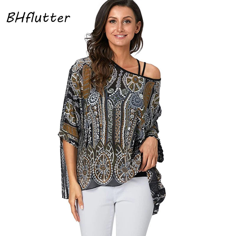 BHflutter 4XL 5XL 6XL Plus Size 2019 Blouse Women Chic Floral Print Chiffon Blouses Shirts Sexy Off Shoulder Summer Tops Tunic