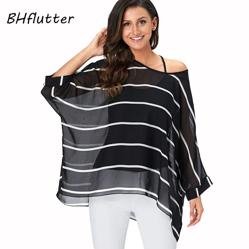 BHflutter Elegant Chic Chiffon Blouses Women New Fashion Batwing Casual Summer Tops Tunic Boho Style Beach Shirts Chemise Femme