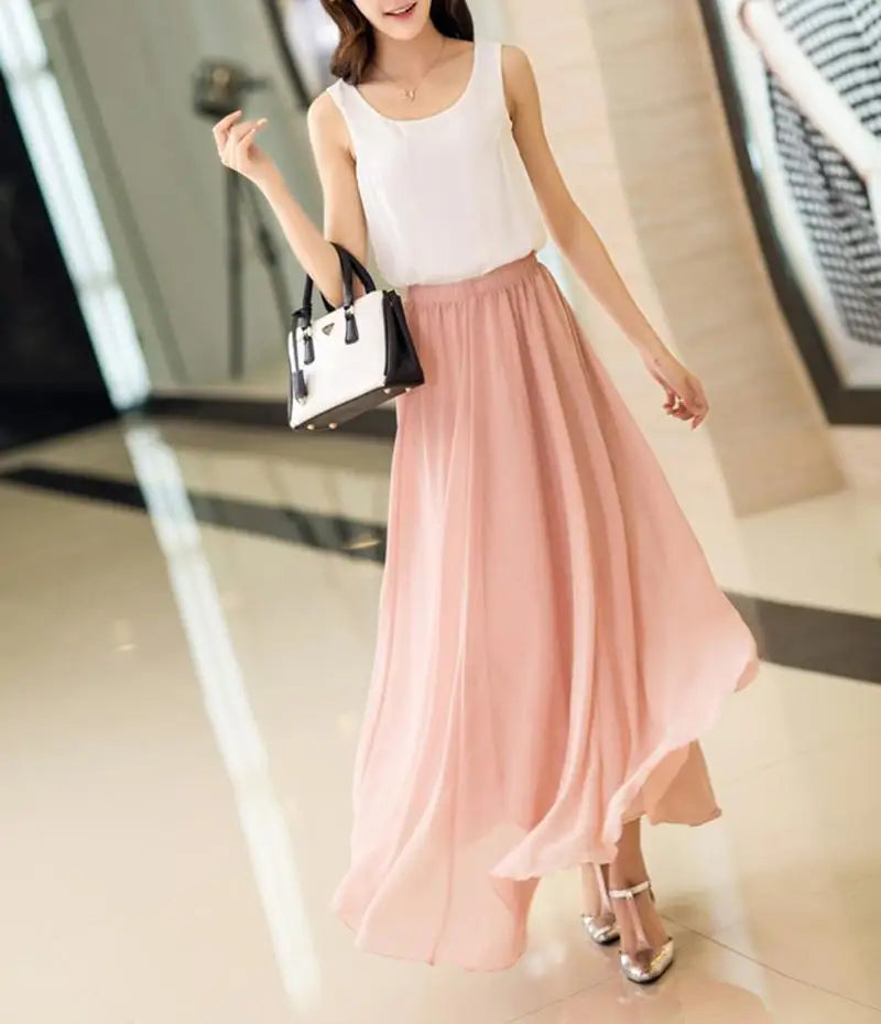 Women's Elegant High Waist Chiffon Skirt Elastic Waist Casual Long Maxi Skirts Saias 80/90/100cm 22 Color 2020 Summer Autumn New