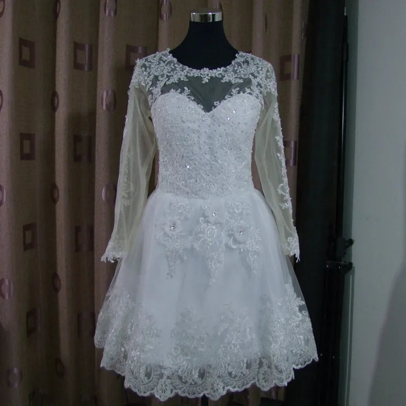 Vestido De Noiva 2 em 1 Wedding Dress Long Sleeves Lace Illusion Bridal Gowns