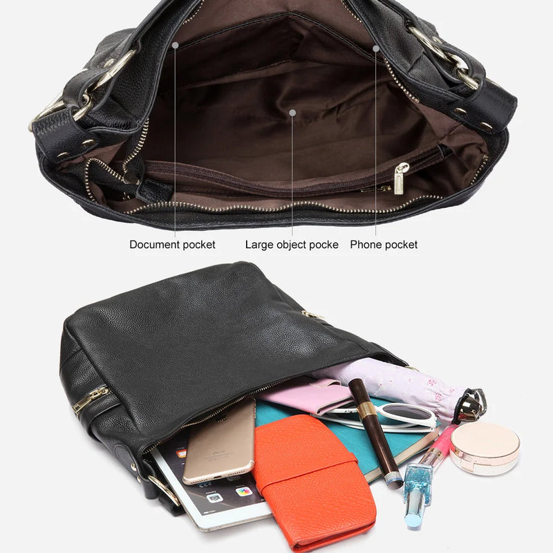 Zency Elegant 100% Genuine Leather Women Hobo Handbag Shoulder Bag Large Capacity Lady Zipper Purse Quality Black More Pocket