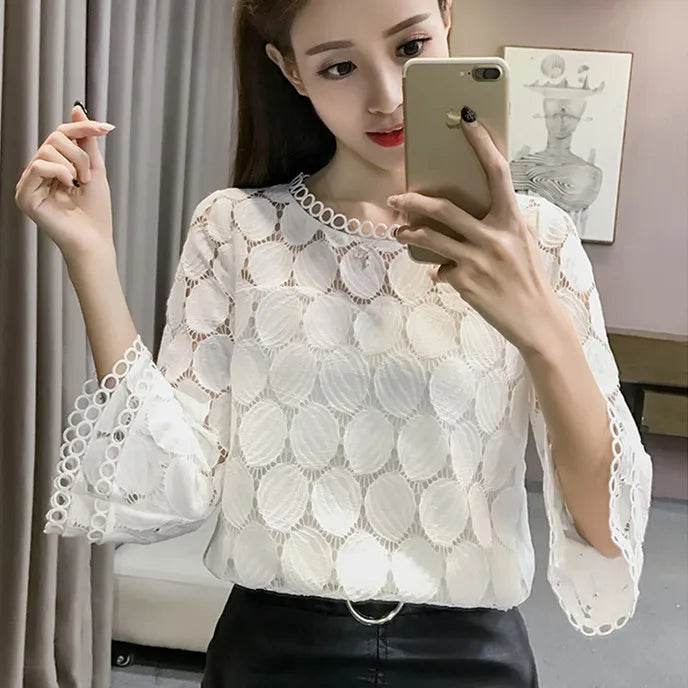 Hollow Out Lace Blouses Shirts New  Autumn Korean Women Clothing Flare Sleeves O-Neck Slim Female Apricot White Tops T7O009A