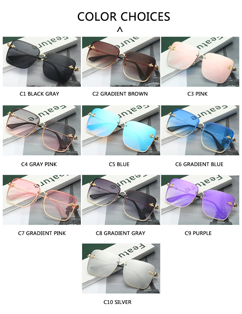 New Fashion Lady Oversize Rimless Square Bee Sunglasses Women Men Small Glasses Gradient Sun Glasses Female UV400