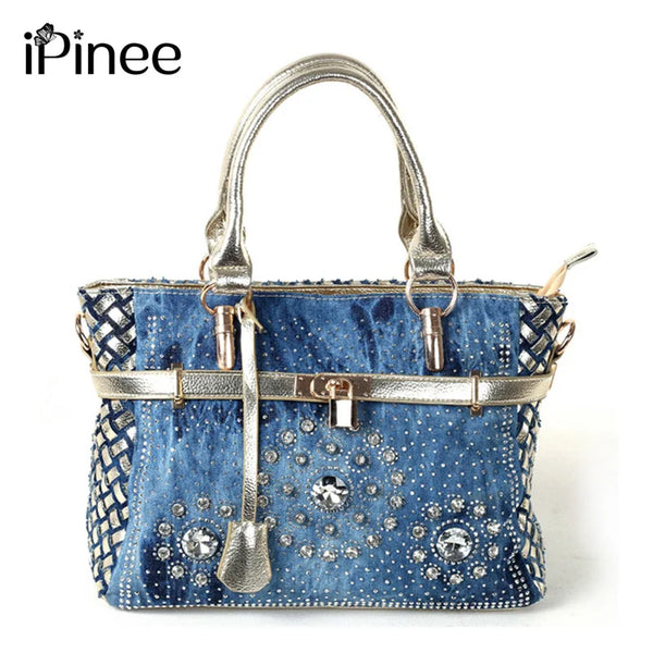 iPinee Summer 2022 Fashion womens handbag large oxford shoulder bags patchwork jean style and crystal decoration blue bag