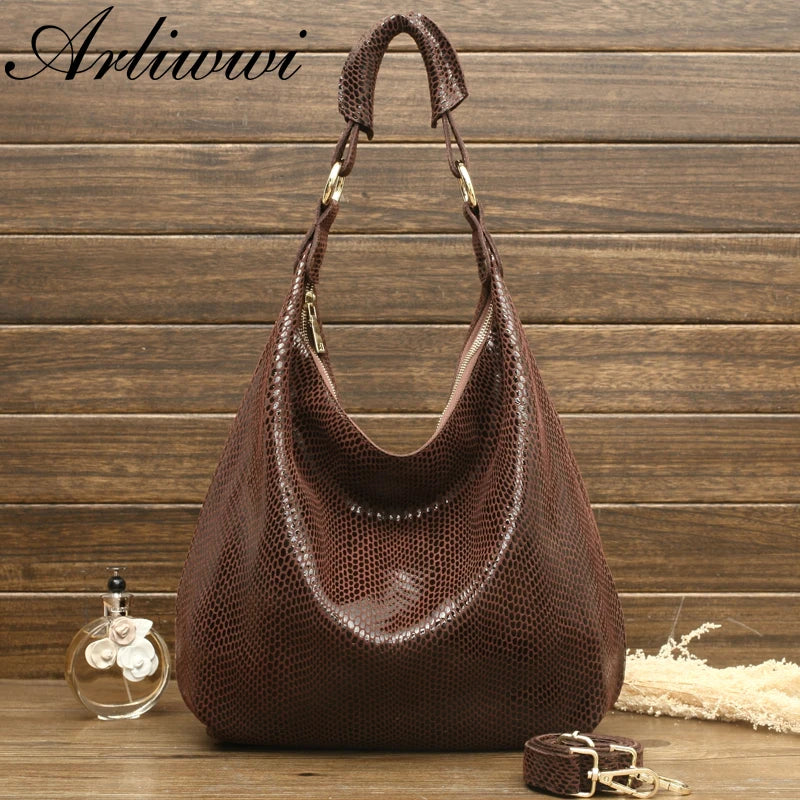 Arliwwi 100% Genuine Leather Shiny Serpentine Shoulder Bags Big Casual Soft Real Snake Embossed Skin Large Bag Handbags Women