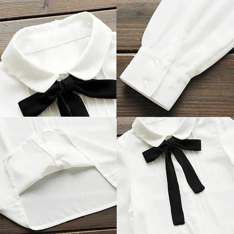Fashion Female Elegant Bow Tie White Blouses Chiffon Collar Casual Shirt Office Ladies Blouse Summer Breathabl Blouses for Women