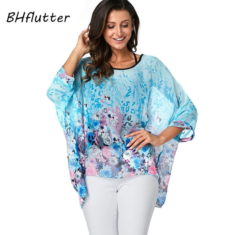 BHflutter Women Tops Tunic 2019 New Style Floral Print Chiffon Blouse Shirt Batwing Casual Loose Summer Shirts Plus Size Blusas