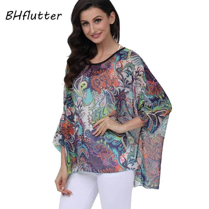 BHflutter 4XL 5XL 6XL Plus Size Women Clothing 2018 New Chiffon Blouse Shirt Batwing Sleeve Letters Print Summer Tops Blouses