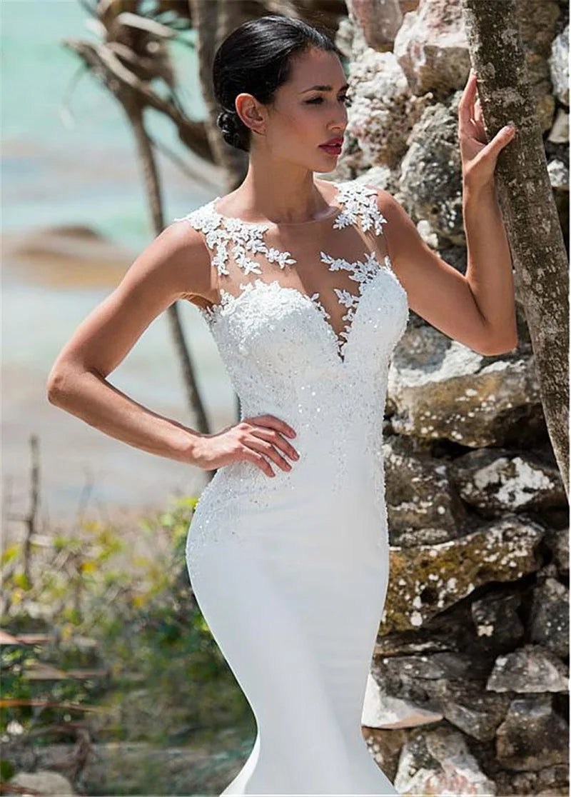 LORIE Sexy Mermaid Wedding Dress Sleeveless Lace Appliqued Illusion Back Boho Wedding Gown Long Train Bride Dress