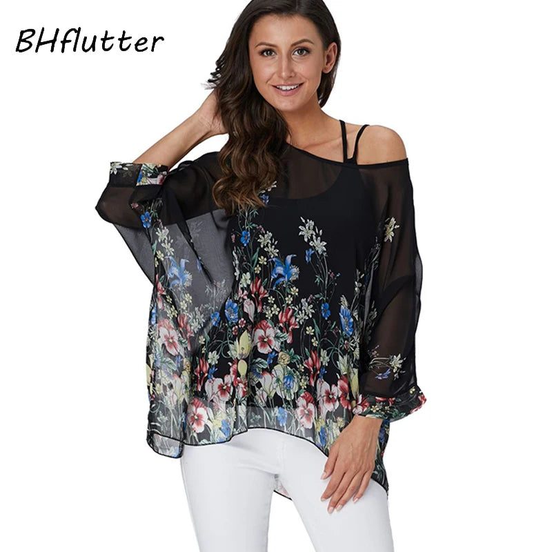 BHflutter 4XL 5XL 6XL Plus Size Women Blouse 2019 Sexy Off Shoulder Leopard Print Summer Tops Tees Casual Chiffon Blouses Shirts